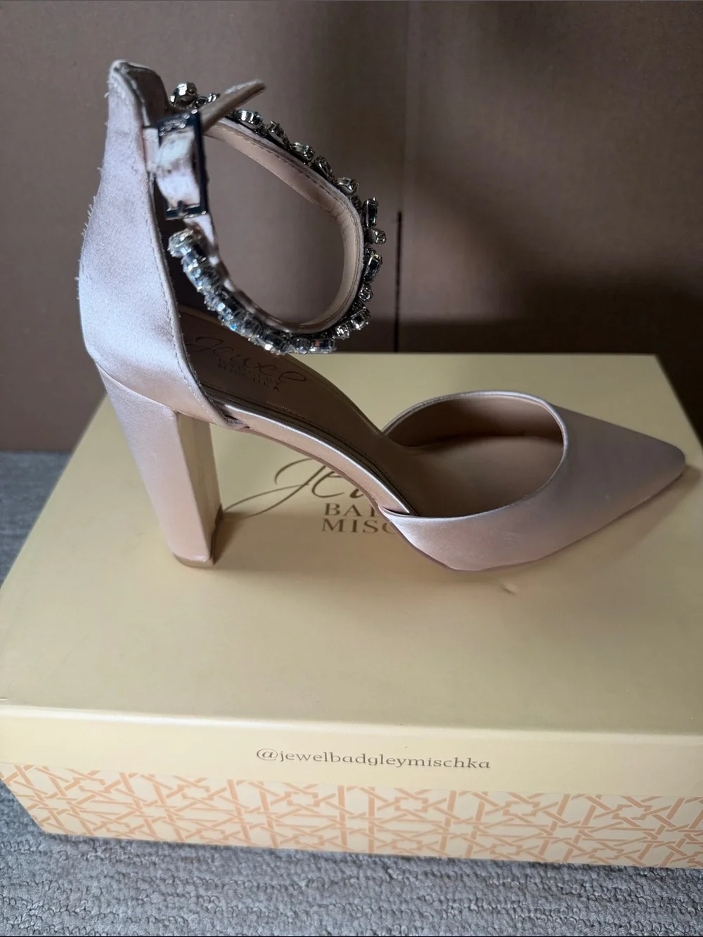 Jewel Badgley Mischka Blush Pink Satin Crystal-Ankle Heels 4 inch